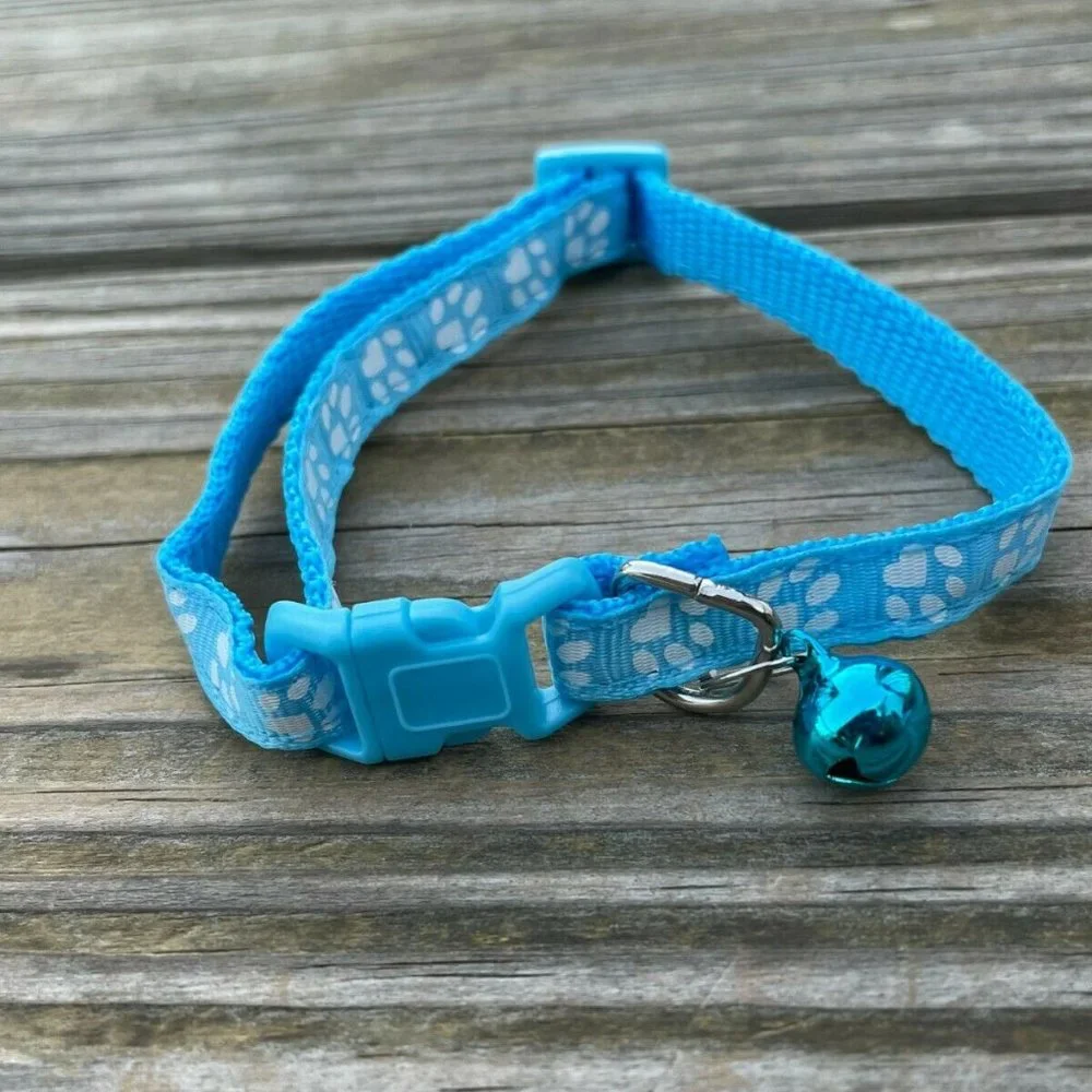 Cat Collar With Bell Adjustable Kitten Puppy Paw Print Blue Collars Adjustable